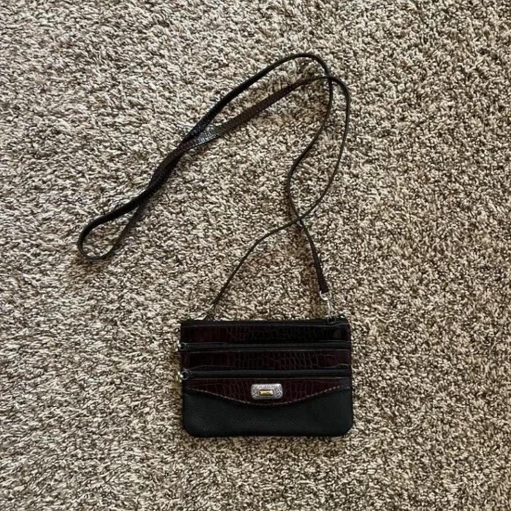 Brighton Leather Crossbody Bag Black Mahogany Croc Embossed Triple Zip Organizer